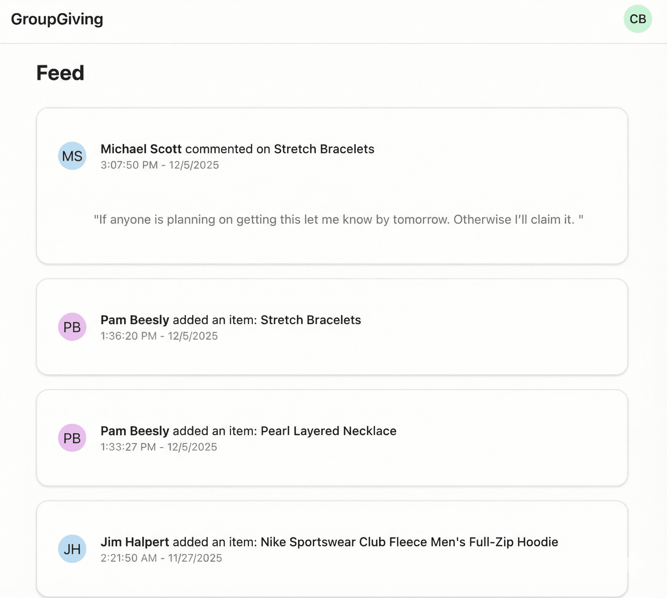 Activity feed showing chronological list of events including new items added, items claimed, and new members joining groups