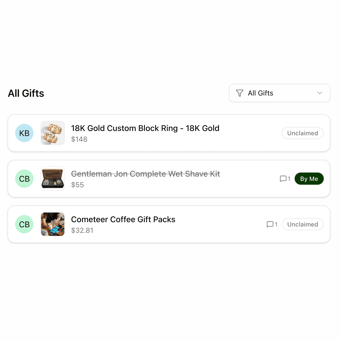Gift event dashboard showing wishlist with items displaying different claim status badges: unclaimed in gray, claimed in yellow, and claimed by me in green