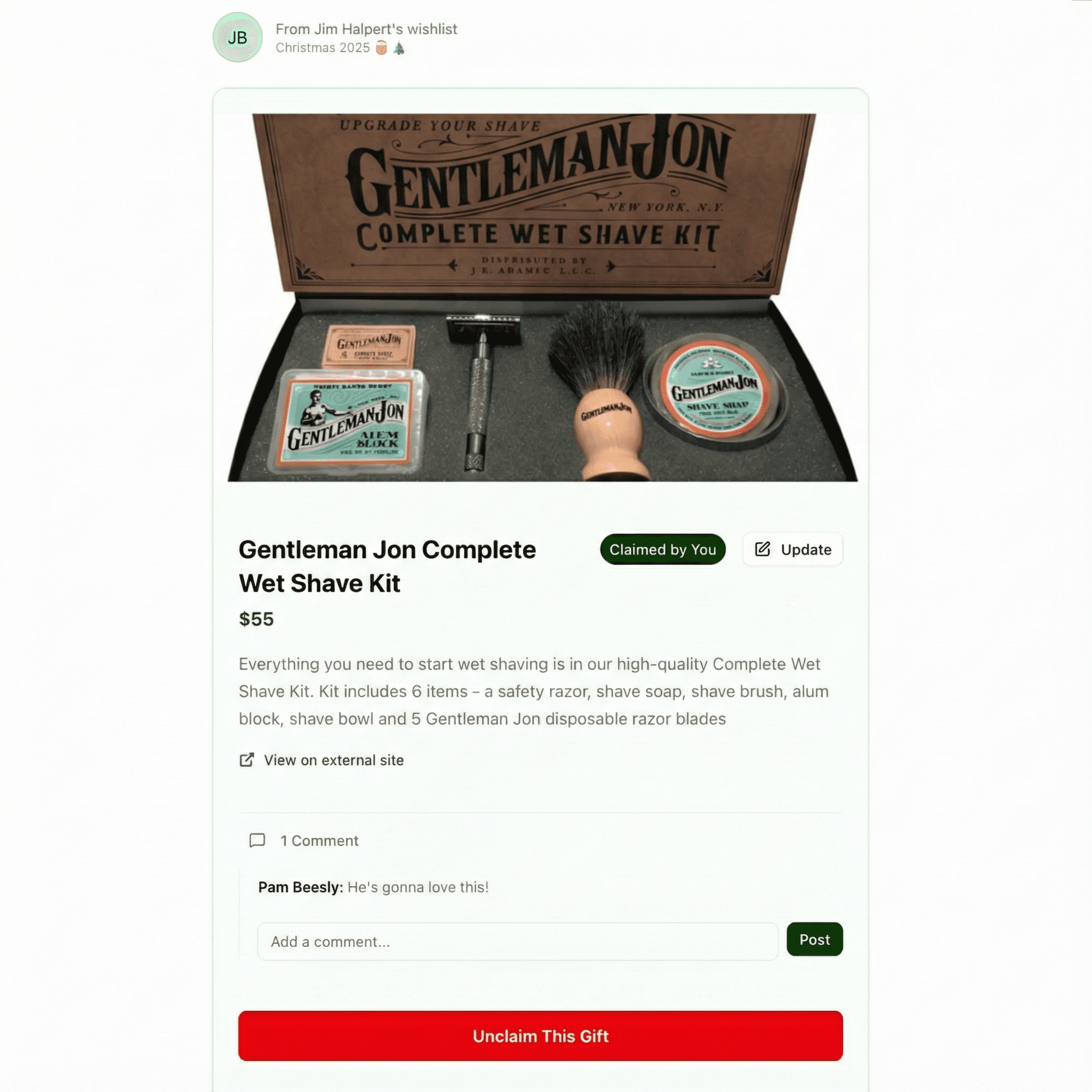 Gift item card showing claim badge and secret comments thread where gift-givers discuss coordinating a group purchase, with notation that recipient cannot see this