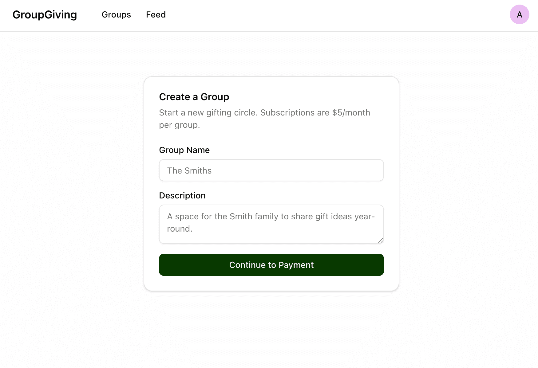 GroupGiving group creation form showing fields for group name, description, and member invitations