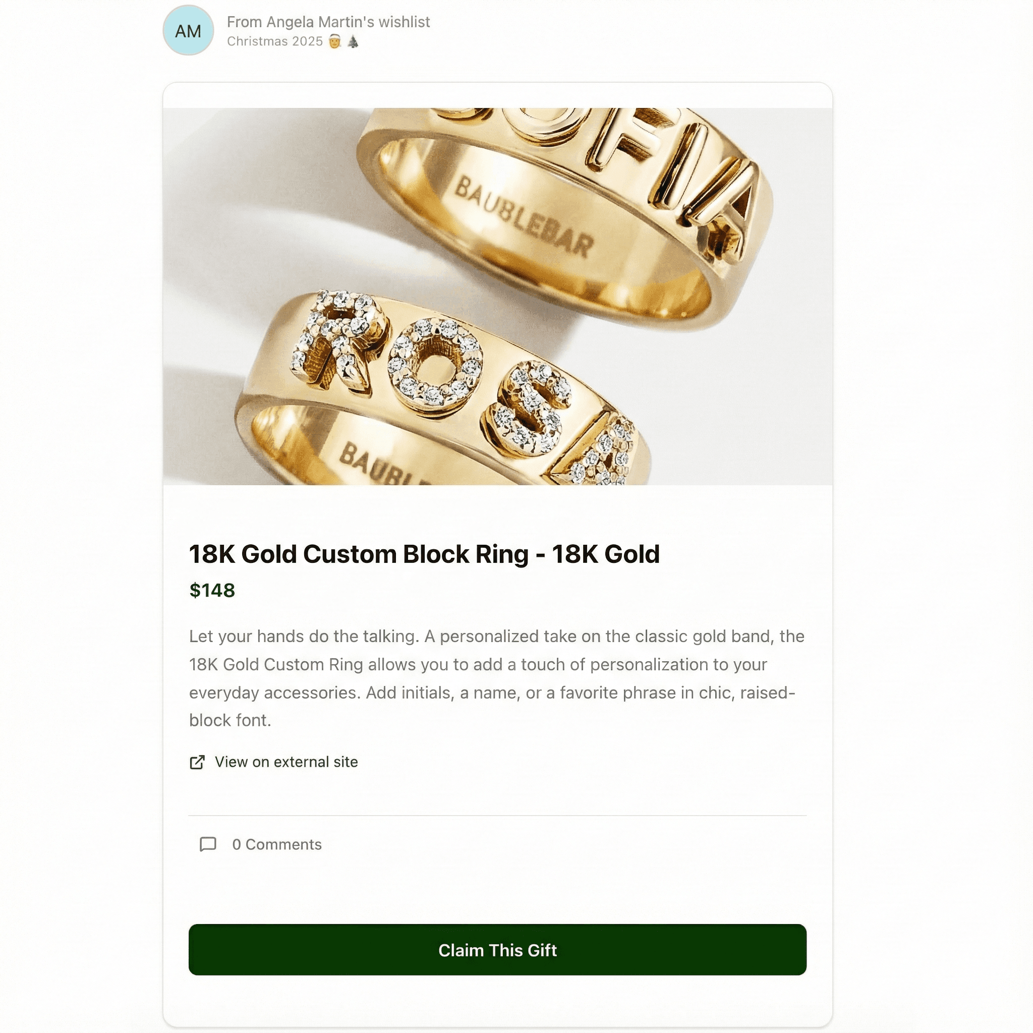 Gift item card showing claimed status badge and secret comments section visible only to gift-givers, not the recipient